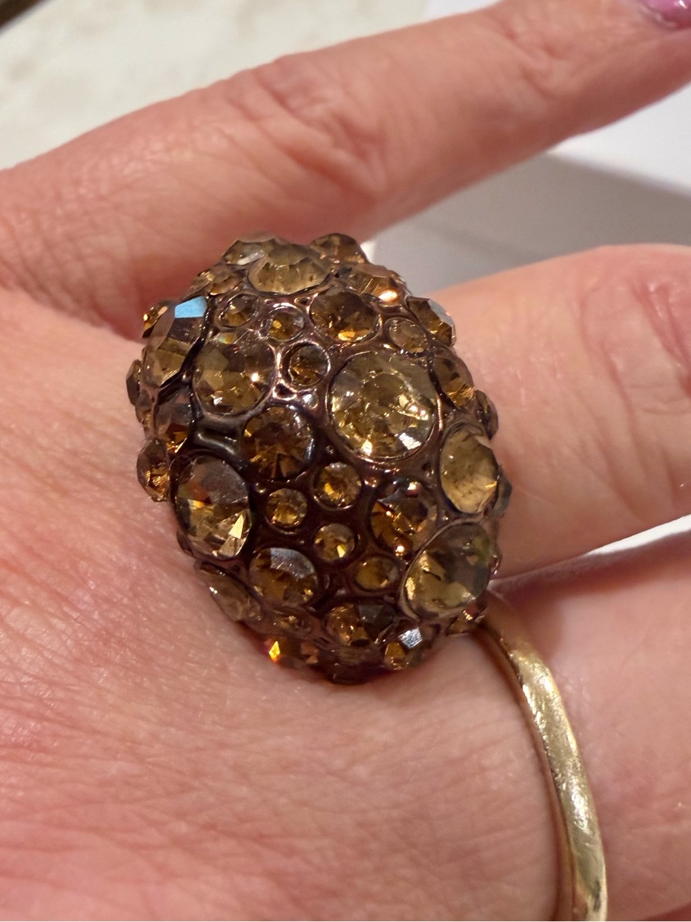 Vintage Fossil Brown Rhinestone Bubble Dome Cocktail Ring - Size 7
